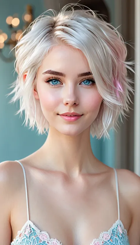 a slight smiling young woman with cute short spiky white hair in a middle part with side bangs. she has ice-blue eyes and pale pink lips and cheeks. she is wearing an white lacy camisol top. she is so pretty. digital art preset