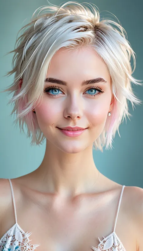 a slight smiling young woman with cute short spiky white hair in a middle part with side bangs. she has ice-blue eyes and pale pink lips and cheeks. she is wearing an white lacy camisol top. she is so pretty. digital art preset