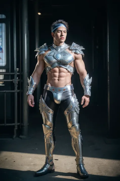 full full body photorealistic Handsome Eco super ripped abs buff body, standing in Violet and silver latex with thick filigree leaves tribal armor and headband,.concentrated and dramatic face, dream vision, extremely realistic, perfect face, perfect eyes, ...