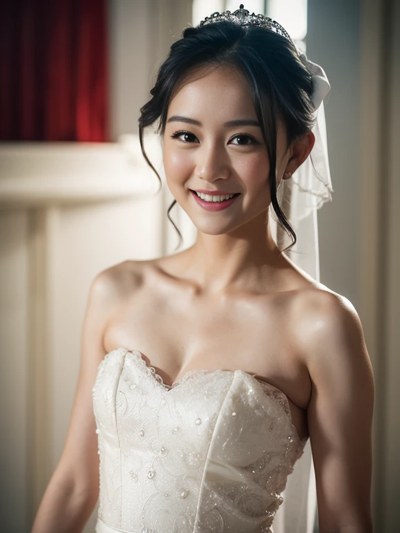 1 girl, smile, shiny skin, delicate face, best quality, masterpiece, (realistic: 1.4), wedding dress, random hairstyle, perfect ...