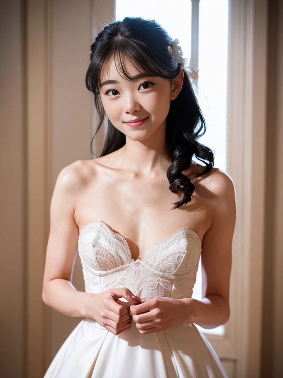 1 girl, smile, shiny skin, delicate face, best quality, masterpiece, (realistic: 1.4), wedding dress, random hairstyle, perfect figure, small breasts, princess