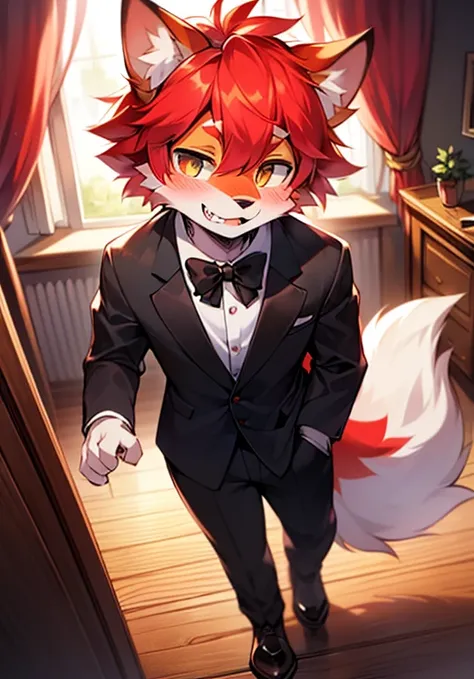 (dark environment:0.8),masterpiece, high quality, H, number (artwork), Cut through thick snacks, Yes,Kiyoyama,Red hair all over, male wolf,short hair,portrait, Bright Eyes,The eyes are gray，With black bow，Suit，white belly，The tip of the tail is white，Palm ...