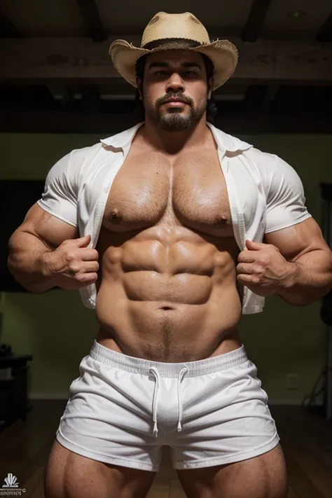 hulk photography, light cinematic heavyweight bodybuilder, 75 kg of complete muscle,  Bigote grueso y trozo chino barbudo, hombres muy guapo. perfect body proportion,, hypermuscular nalgon, realista,  cowboy with hat, white shorts, , trasero inclinado