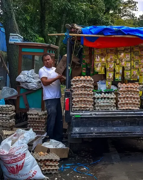 A street grocery vendor preparing his menchandise on his pickup truck, his pickup truck is his stall, insanely detailed and intricate