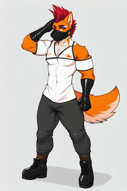 Furry, anthropomorphic wolf, orange fur, red hair, mohawk hairstyle, red eyes, 50" Chest, 21" Shoulders, 17" Biceps, 36" Waist, 25" thighs, 17" calves, 20" back, wearing surgical mask, wearing black bandana around forehead, wearing Mens nursing attire, ((C...