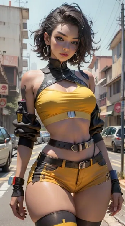 illusory engine:1.4,CG K ultra-realista,Fotorrealista:1.4,textura da pele:1.4,obra de arte:1.4,Mulher bonita na cueca da boneca、Cyberpunk style yellow shorts,Red pantyhose,minissaia azul,erotic lace，Peitos grandes， big and juicy lips， coxas grossas e sucul...