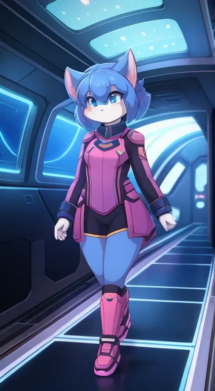 a spaceship promenade has a cute girl strolling around