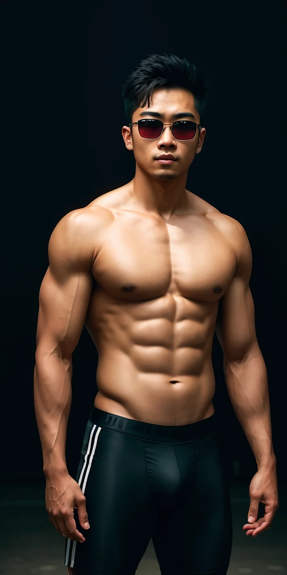 Beautiful adult Asian male college student,25 years old， hairy body, Wears transparent glasses, Military Flathead, wear tights, Standing outside an outdoor track and field, ((Slim, muscular)), Full chest muscles，swelling of chest muscles，Has six-pack abs、S...