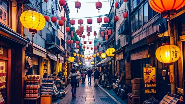 Animated street with lanterns and lanterns hanging above the buildings, dreamy chinatown, japanese street, chinatown blade runner, rossdraws global illumination, japanese landscape, beautiful digital artwork, cyberpunk street, There is a huge cherry tree i...