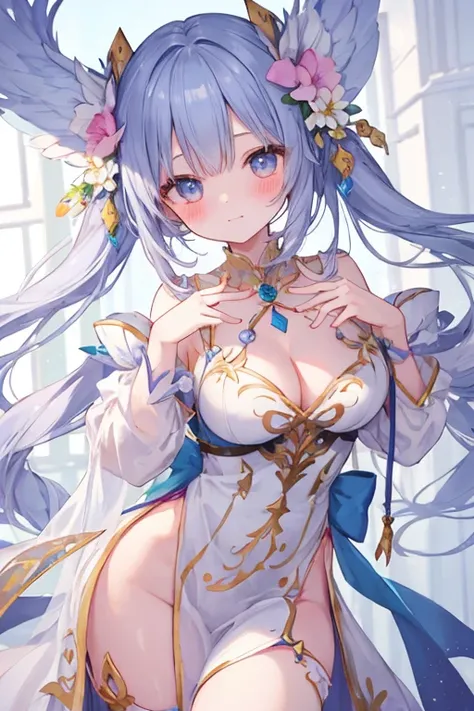 beautiful illustrations, highest quality, pretty girl,beautiful girl、clear face、 half girl、pastel colour 、blush、perfect hands、five fingers、fantasy、fantasy、thighs、Alone Focus), (perfect face:1.1), (high detail:1.1)、Goddess、