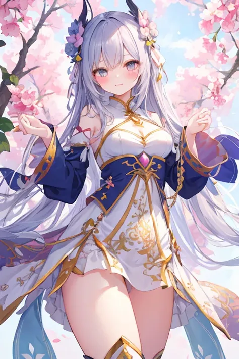 beautiful illustrations, highest quality, pretty girl,beautiful girl、clear face、 half girl、pastel colour 、blush、perfect hands、five fingers、fantasy、fantasy、thighs、Alone Focus), (perfect face:1.1), (high detail:1.1)、Goddess、