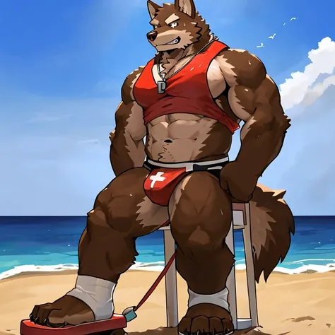 POV,top angle,sleep on stomach,lats,trapezius,butt lift,kemono, anthro (brown dog), male, (brown dog), muscular, back, red body, white belly ,sweat, ((correct anatomy)), stand near  lifeguard chair,  lifeguard chair, beach, perfect beach background, 1 boy,...