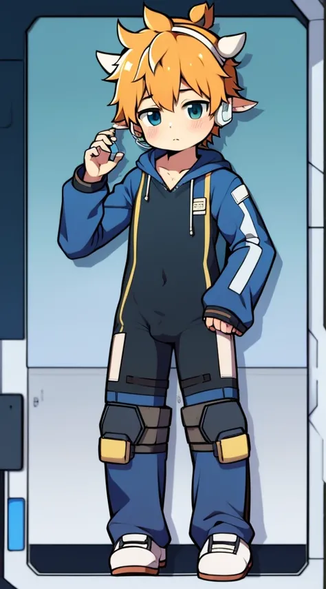 2D boy Shota，One-piece mountaineering suit，Put the headphones on your head，standing，goggles，horns，cow ears，sports shoes