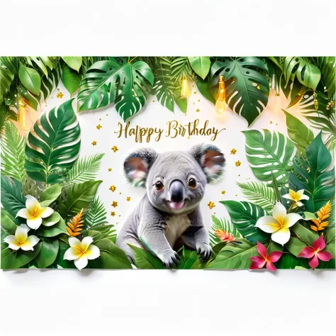 a close up of a Birthday card with a koala bear surrounded by tropical leaves, Birthday, happy Birthday, Clematis themed banner, Jungle vines and fireflies, Tropical lighting, Plant rainbow background,  in the jungle, 2 0 s, 3 0, forest background, F32, f ...