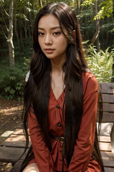 a close up of a woman sitting on a wooden bench in a forest, asian girl with long hair, long hair and red shirt, with long hair, waist long hair, girl with super long hair, red waist-long hair, wavy long black hair, long wavy black hair, beautiful asian gi...