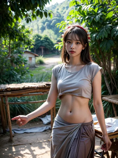 1 A teenage Native Borneo girl, (((Slender stomach:1.2))), Wear tribal headdresses and hunting gear., (((Village health worker:1.5))), show genitals, Combat scar cover, Tribal tattoo, There are no upper and lower bodies in the dress., เปิดขาให้กว้างเพื่อsh...