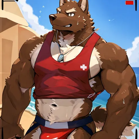 POV,top angle,sleep on stomach,lats,trapezius,butt lift,kemono, anthro (brown dog), male, (brown dog), muscular, back, red body, white belly ,sweat, ((correct anatomy)), stand, beach, perfect beach background, 1 boy, solo, wearing jockstrap, pain expressio...