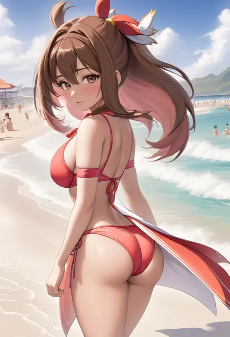 Mai Shiranui se encuentra en la playa, She wears a revealing bikini that made her show off her voluptuous figure.. Her hair is just brown and is tied in a high ponytail that has a couple of strands on the sides of her cute face., Her eyes are brown, mientr...