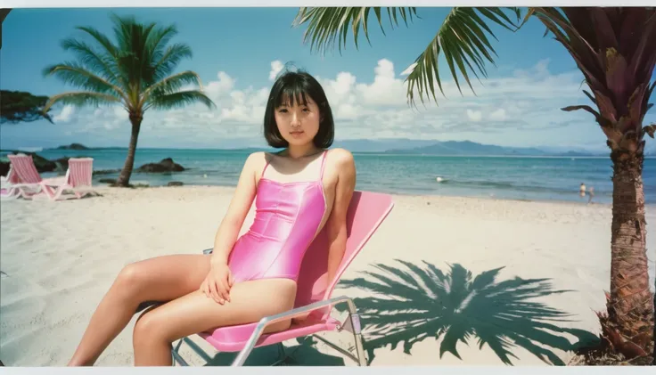 a  in a pink bikini sitting on a chair on the beach with a palm tree in the background, precisionism, Ayako Rokkaku, a polaroid photo, kawaiia 6 years old  in a pink one piece swimsuit sitting on a chair on the beach with a palm tree in the background, pre...