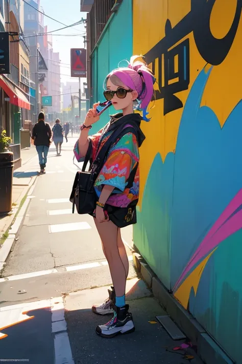 (best quality,4k,8k,highres,masterpiece:1.2),ultra-detailed,(realistic,photorealistic,photo-realistic:1.37),college student,funky,girl,laptop bag,sunglasses,illustrated style,vibrant colors,groovy,street art,graffiti style,cityscape,fashionable outfit,urba...