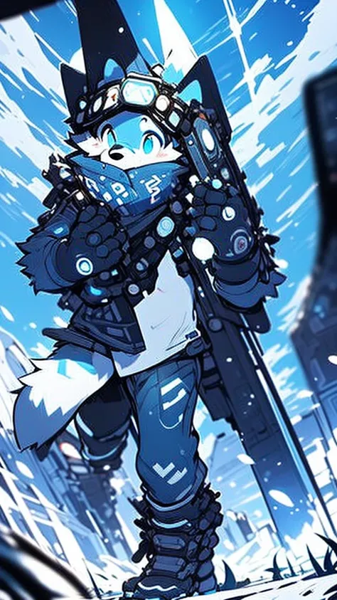 "A solitary wolf with blue fur and a white tail, standing in a surreal landscape of imprressionist style, illuminated by soft natural lighting. The wolf has a fur pattern resembling the clouds and is wearing ski goggles on its head. Its eyes are blue. Its ...