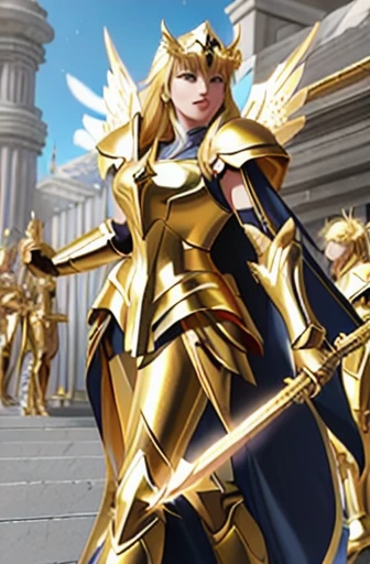 One wearing golden clothes、Close-up of woman holding sword, Saint Seiya, wearing golden armor, wearing Golden armor, Golden armor, golden armor, angelic Golden armor, Golden armor wearing, sleek golden armor, light golden armor, Golden armor, unreal engine...