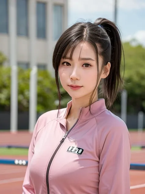 (kawaii 24 year-old Japanese girl, Nogizaka idol, Korean idol), healthy female athlete body, (glossy black hair, high ponytail, short ponytail, ponytail must be in behind the shoulders, bangs:1.3), (forehead without wrinkles:0.8), (rounded face, black eyes...