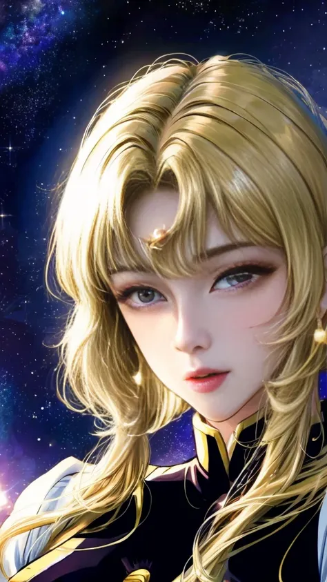 top-quality, 8K, ultra-detailliert, Woman with short hair in cutout leotard , the sailor galaxia. Beautiful, inspired by Sakai Hōitsu, Portrait Space Cadet Woman, princess intergalactica, inspired by Li Chevalier, Blonde woman with long hair, marisa kirisa...