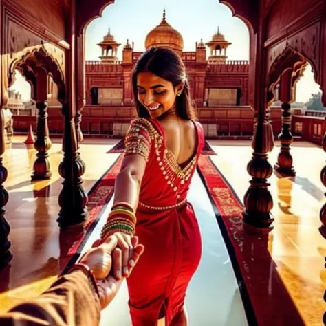 Indian girl, ultra detailed, highres, masterpiece, by_style, bf_holding_hands, 1girl holding hands with viewer, walking in the Red fort, Delhi, atmosphere, soft lighting, warm colors, embrace, affectionate, gentle touch, intimate moment, happiness, smiles,...