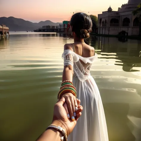 Indian girl,  ultra detailed, highres, masterpiece, by_style, bf_holding_hands, Indian girl holding hands with viewer,  walking in front of the Foy Sagar Lake, Ajmer, atmosphere, soft lighting, warm colors, embrace, affectionate, gentle touch, intimate mom...