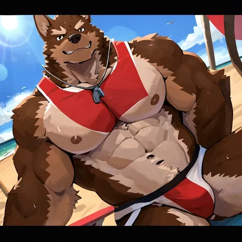 POV,top angle,sleep on stomach,lats,trapezius,butt lift,kemono, anthro (brown dog), male, (brown dog), muscular, back, red body, white belly ,sweat, ((correct anatomy)), sitting on lifegruard tall chair, beautiful beach, perfect beautiful beach background,...