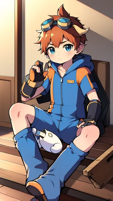 ((young boy))，(Youthful feeling)，one piece mountaineering suit，There are horns on the head，slender figure，goggles，fingerless gloves，cotton socks，short sleeves，sitting on the stairs，