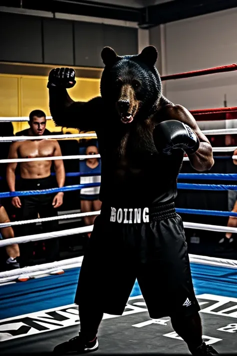 An angry large black bear roaring on the boxing ring, ready for fighting, wearing boxing uniform, surrounding are full of spectators.