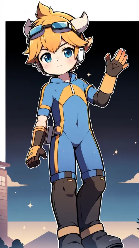 ((A young boy))，(Youthful feeling)，one piece mountaineering suit，There are horns on the head，slender figure，goggles，fingerless gloves，cotton socks，short sleeves，stand up