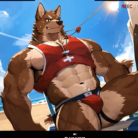 POV,top angle,sleep on stomach,lats,trapezius,butt lift,kemono, anthro (brown dog), male, (brown dog), muscular, back, red body, white belly ,sweat, ((correct anatomy)), sitting on lifegruard tall chair, beautiful beach, perfect beautiful beach background,...