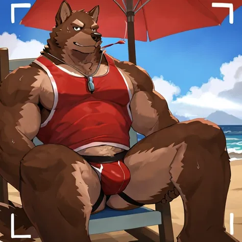 POV,top angle,sleep on stomach,lats,trapezius,butt lift,kemono, anthro (brown dog), male, (brown dog), muscular, back, red body, white belly ,sweat, ((correct anatomy)), sitting on lifegruard tall chair, beautiful beach, perfect beautiful beach background,...