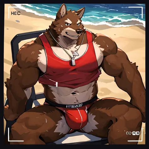 POV,top angle,sleep on stomach,lats,trapezius,butt lift,kemono, anthro (brown dog), male, (brown dog), muscular, back, red body, white belly ,sweat, ((correct anatomy)), sitting on lifegruard tall chair, beautiful beach, perfect beautiful beach background,...