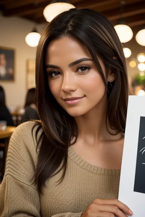 Beautiful brunette with blonde Hispanic highlights wearing a beige sweater (in a café holding a sign that says Thank You), Muy detallado, 22 years, rostro inocente, Cofre 32D, Usa un vestido negro, cabello ondulado natural, ojos azules, high resolution, ob...