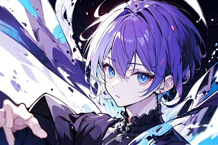 ((highest quality)), ((masterpiece)), ((1 person)),perfect face、male、purple hair color、light blue eyes、very short hair、vocal、pale colour、whole body、simple clothes、whole body、night