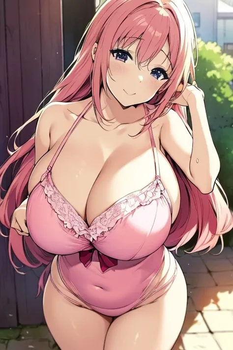 Full body closeup shot of a woman in pink lingerie posing for a camera, sfw huge breasts, seductive anime girl, big breasts!, big breasts!!, big breasts, Beautiful charming anime woman, big breasts, Breasts are covered and , big breasts, huge breasts, Real...