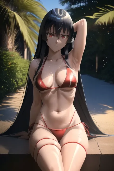 akame (akame ga kill!), (masterpiece, Best quality, wallpaper), (((extremely detailed, complex parts, lush details, insanely detailed face, beautiful red eyes, shiny skin, Keen eyes))), ((Beach, palm trees, is sitting, armpit sexy,long legs, detailed water...