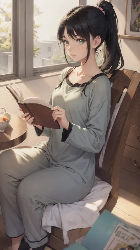 a young  woman with green eyes and black ponytail hair is a babysitter. She reads a book to a lots of cute  boys and girls with different hair color. They all wearing fluffy pajamas. Cozy atmosphere, anime illustration