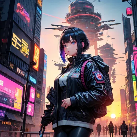 beautiful,very detailed,4k,cyberpunk city,(There&#39;s a flying fortress),There are people walking in the city.,There are colorful advertising billboards.,Something is floating in the sky.,wide angle,beautiful,sunset、girl staring