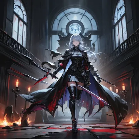 masterpiece、high quality、cyber punk、dark fantasy、dark soul、bloodborne、In a cruel world、 with a sword（blue eyes、silver hair、swordsman）、uniform（Y-shirt、cutter shirt、blazer、skirt、long coat）cyber punkブーツを履く（high heels、high boots）、Wield a giant sword、Bloodstain...