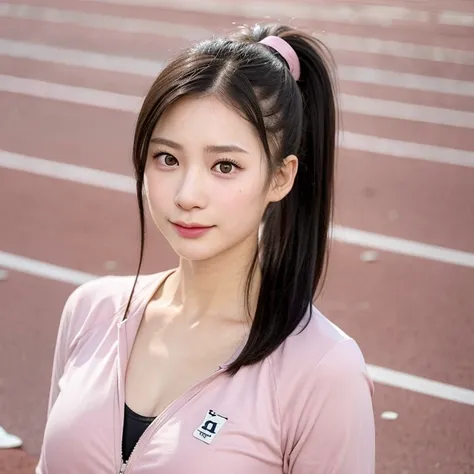 (kawaii 24 year-old Japanese girl, Nogizaka idol, Korean idol), healthy female athlete body, (glossy black hair, high ponytail, short length ponytail, ponytail must be on behind the body, bangs:1.3), (forehead without wrinkles:0.8), (rounded face, black ey...