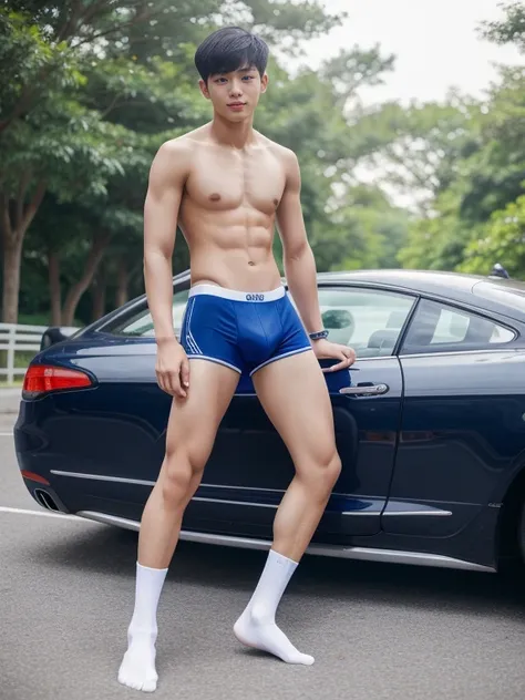 16 years old teenagers , very young , light-skin , wearing an dark blue sexy underwear, tmasterpiece，k hd，the feet，black long socks，The barefoot , blue colour , handsome and cute , extreme cute boy , white skin , dark blue underwear boxers shorts , extreme...