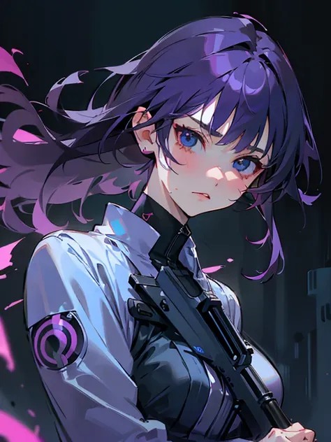 Girl with dark Purple Hair and light blue eyes, Her hair was loose and blowing in the wind, holding a short-barreled rifle and a dagger, Wearing black and neon purple cyber punk clothes. A serious face with a communication device in his left ear, There wer...