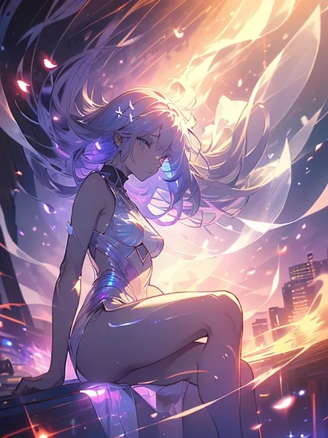 elegant girl, sitting in a badass pose, (((there is smoke around her, purple and black smoke, in a circle, using white transparent dress))), short bob hair, white hair, fireflies and cherry blossoms, (((small breasts, big ass, thick muscle thigh))), low li...