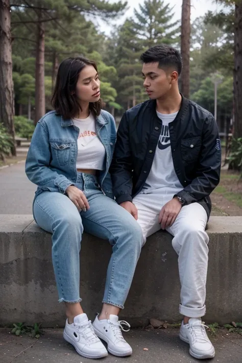 ((best quality)), ((masterpiece)), (detailed), perfect face Handsome man from Indonesia, short hair parted neatly to the side, agenda 25, wearing a blue jeans jacket, white Nike Air Jordan shoes, full body, pose sitting with his girlfriend, with a pine for...