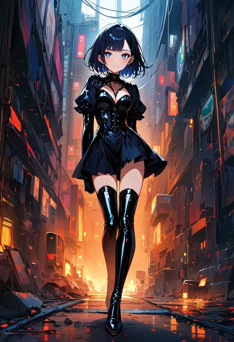 (full body image of a girl in latex gothic fashion: 1.5), japanese manga, lovely, smoky makeup, dark blue hair, dull bangs, stra...